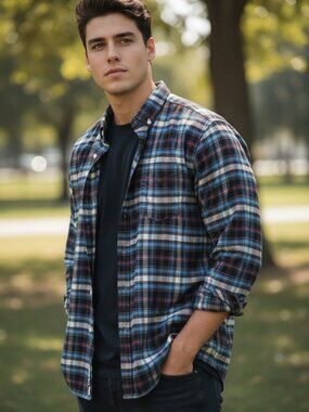Gustin Men Shirt Cotton Blue Plaid Woven Long Sleeve Button Down Casual L USA